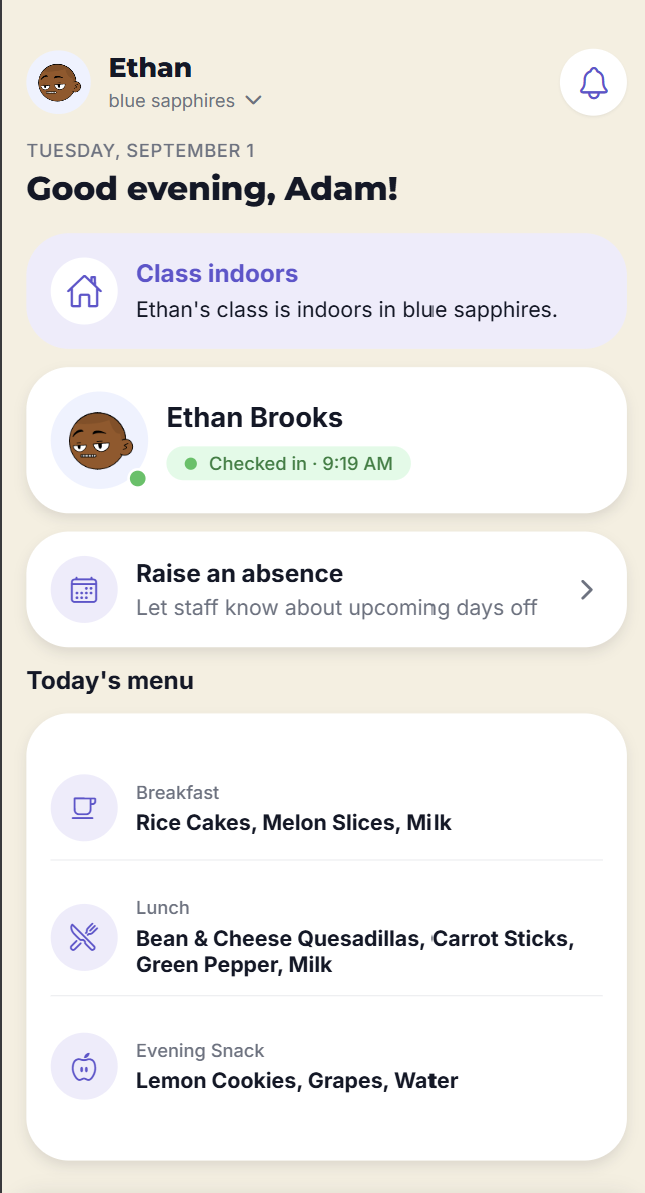 Acorns Nest parent mobile home — today's check-in, menu and announcements